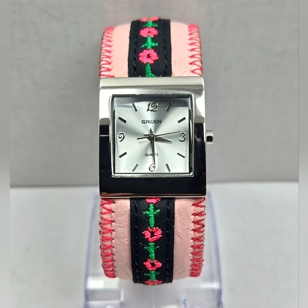 Womens Vintage Gruen Silver Quartz Watch Pink Flower  Band New Battery Cuff